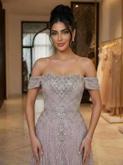 Luxury Dubai Nude Strapless Beaded A-Line Evening Dress LA73195A