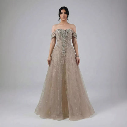 Luxury Dubai Nude Strapless Beaded A-Line Evening Dress LA73195A
