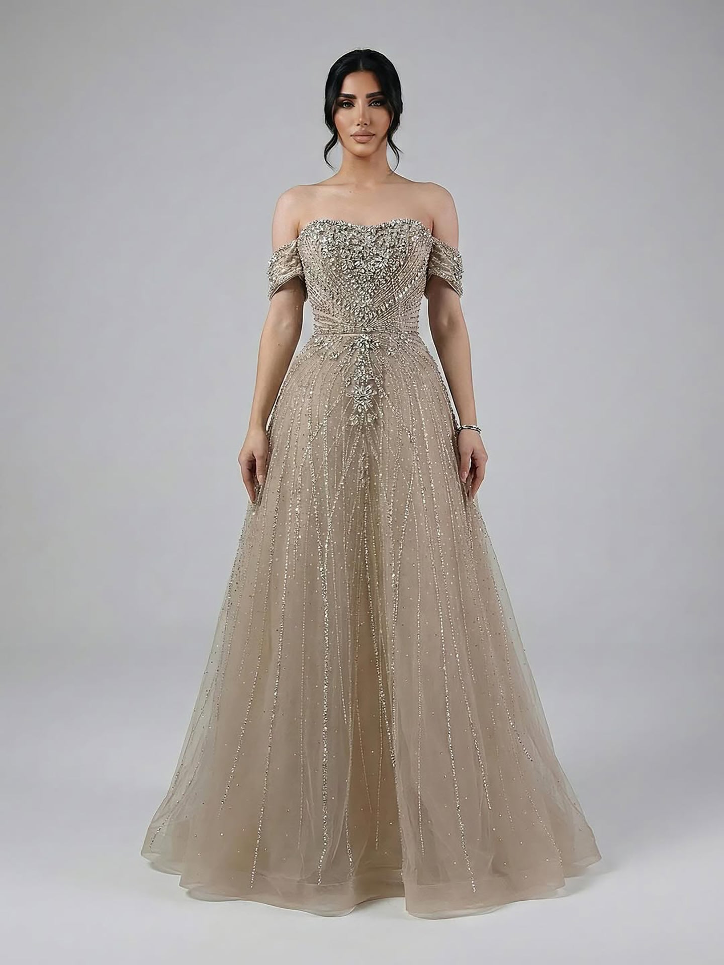 Luxury Dubai Nude Strapless Beaded A-Line Evening Dress LA73195A