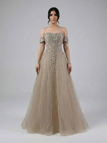 Luxury Dubai Nude Strapless Beaded A-Line Evening Dress LA73195A