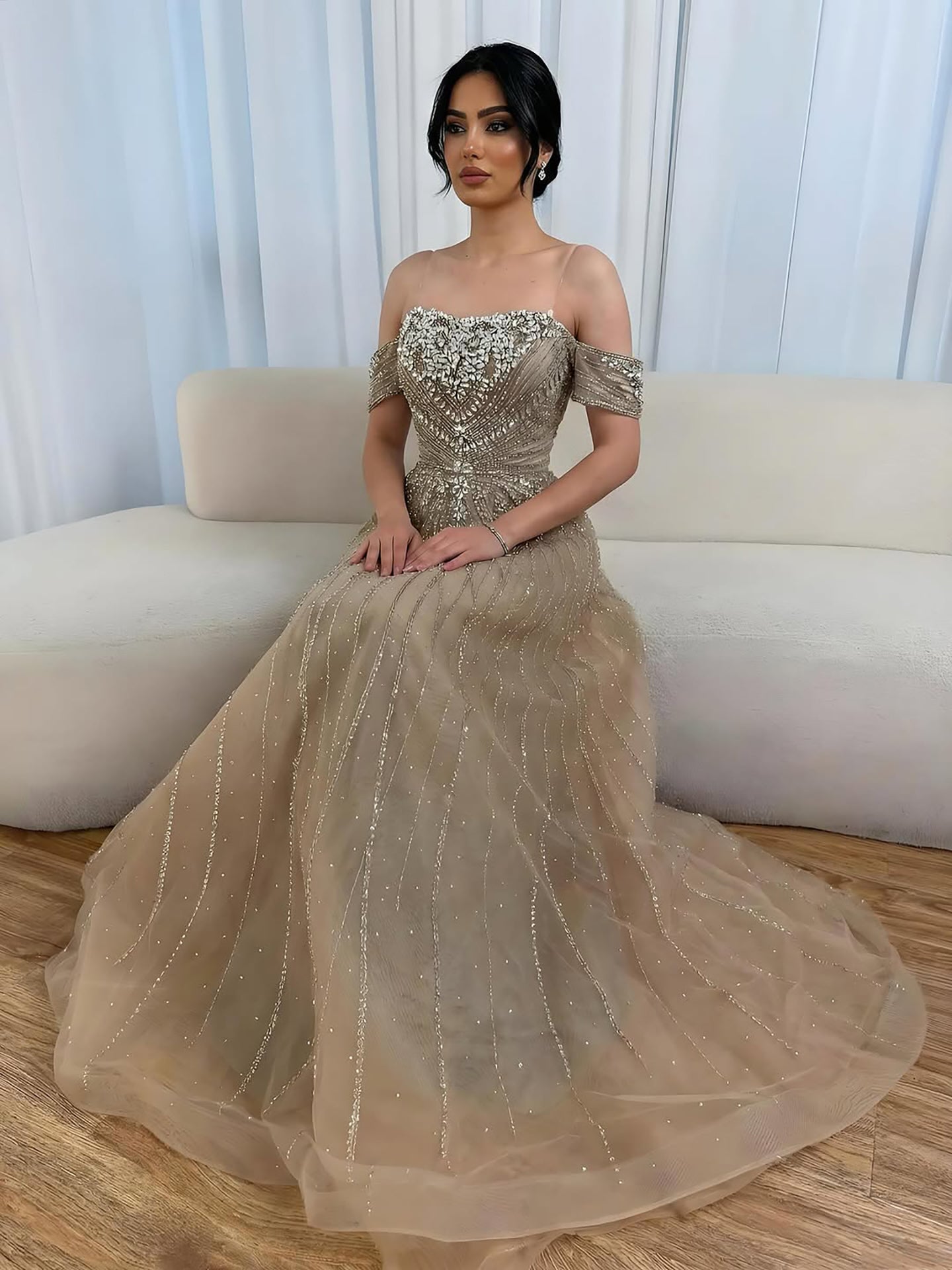 Luxury Dubai Nude Strapless Beaded A-Line Evening Dress LA73195A