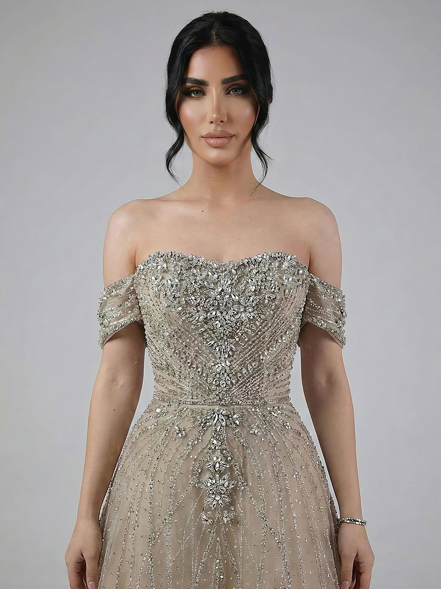 Luxury Dubai Nude Strapless Beaded A-Line Evening Dress LA73195A