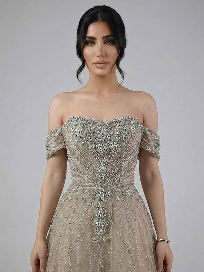 Luxury Dubai Nude Strapless Beaded A-Line Evening Dress LA73195A