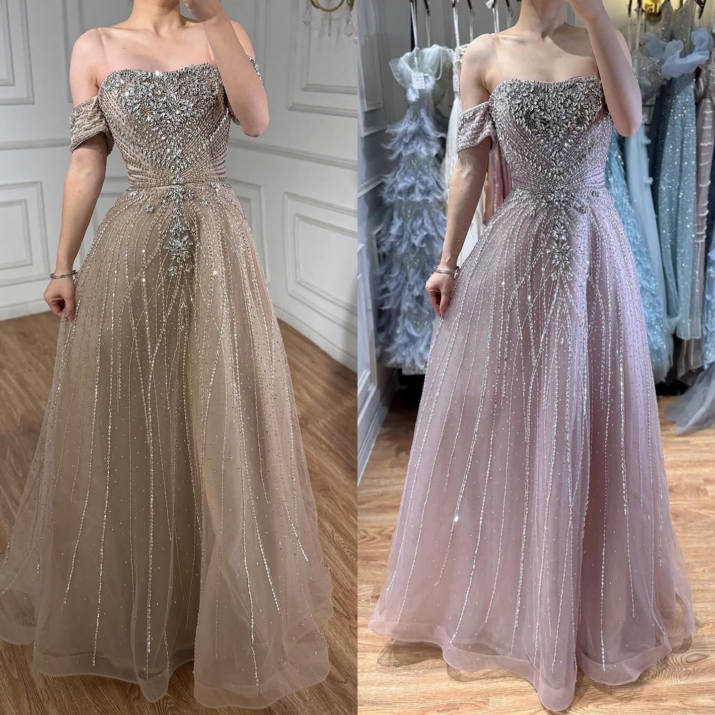 Luxury Dubai Nude Strapless Beaded A-Line Evening Dress LA73195A