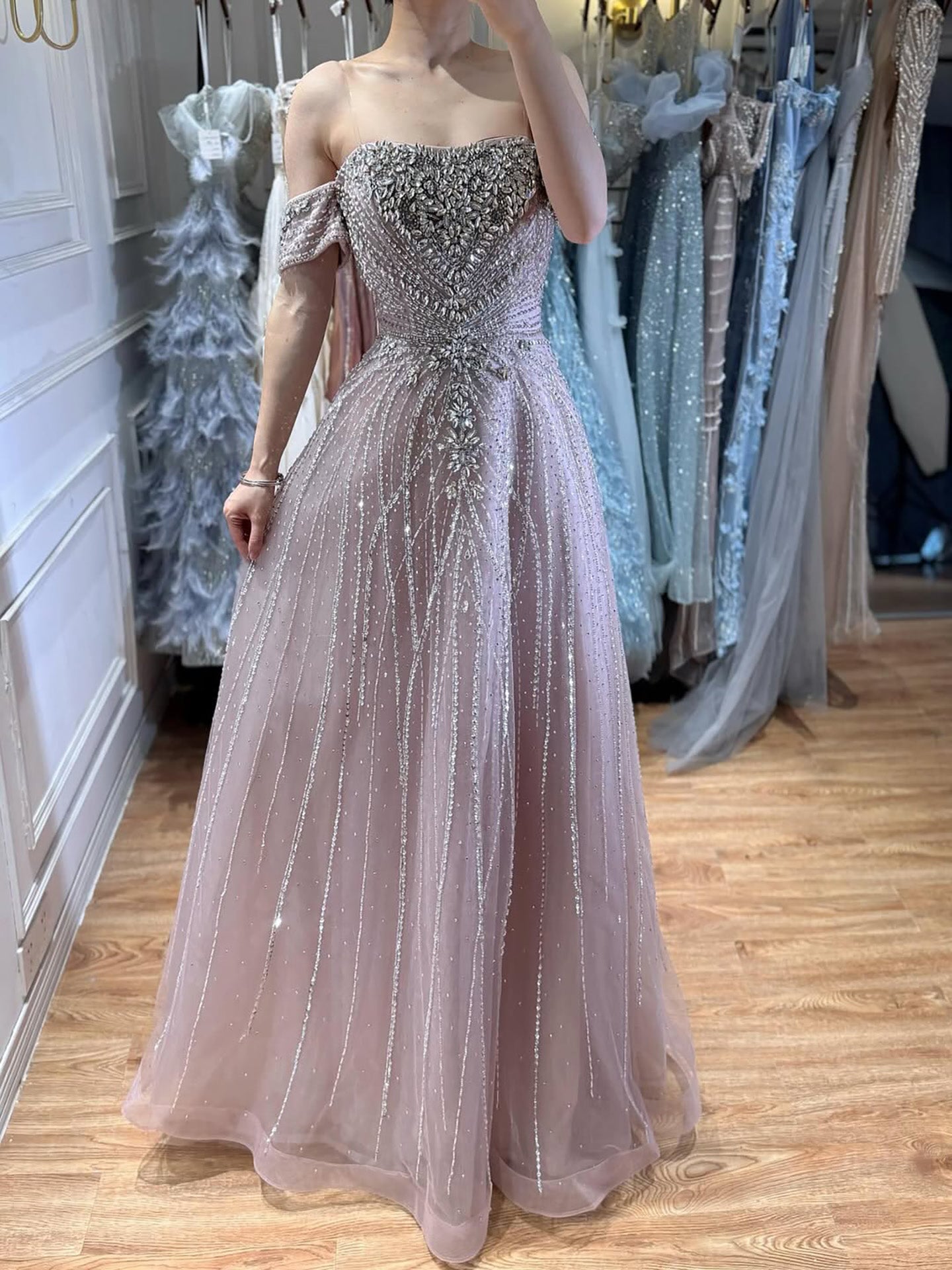 Luxury Dubai Nude Strapless Beaded A-Line Evening Dress LA73195A