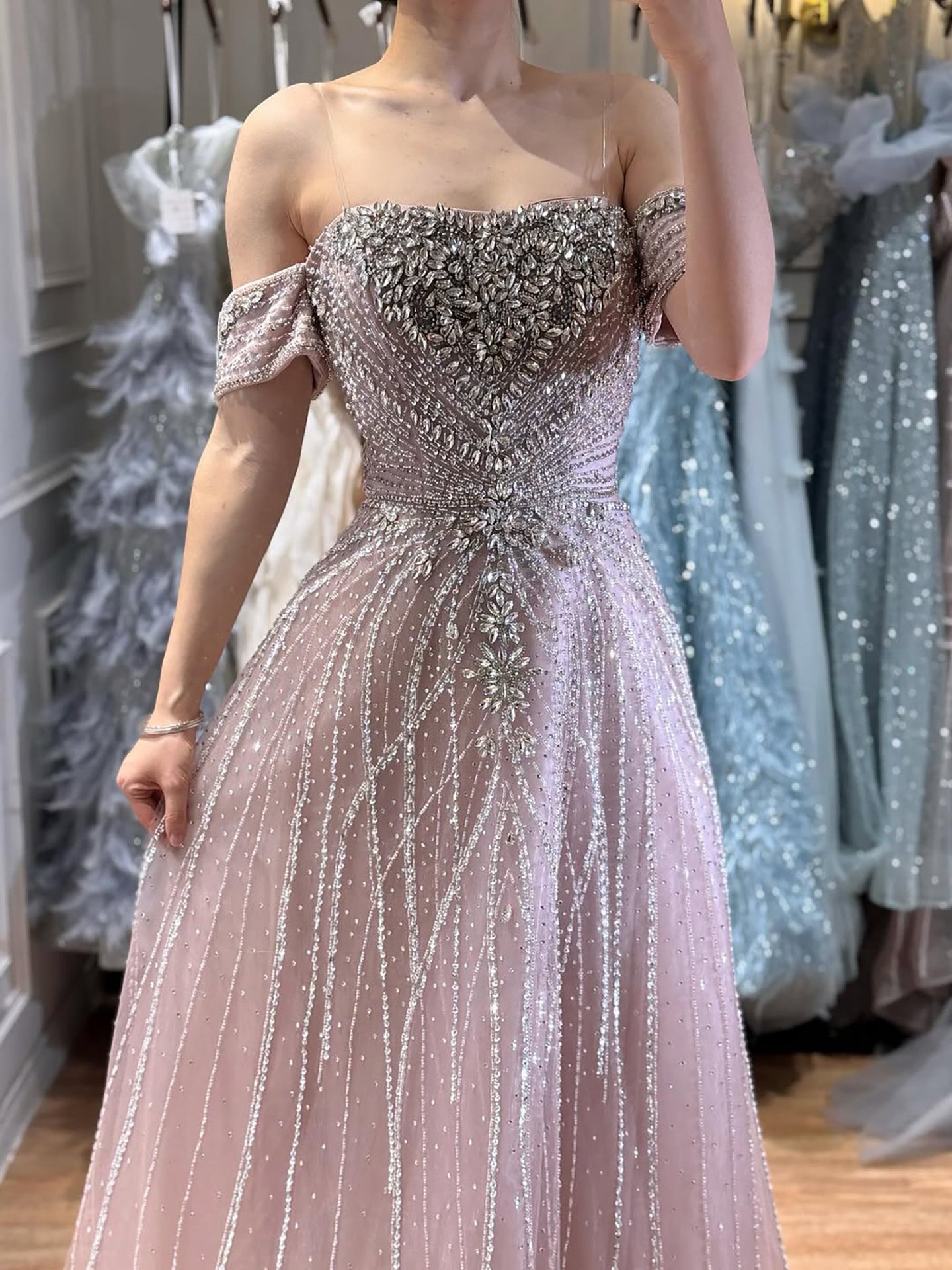 Luxury Dubai Nude Strapless Beaded A-Line Evening Dress LA73195A