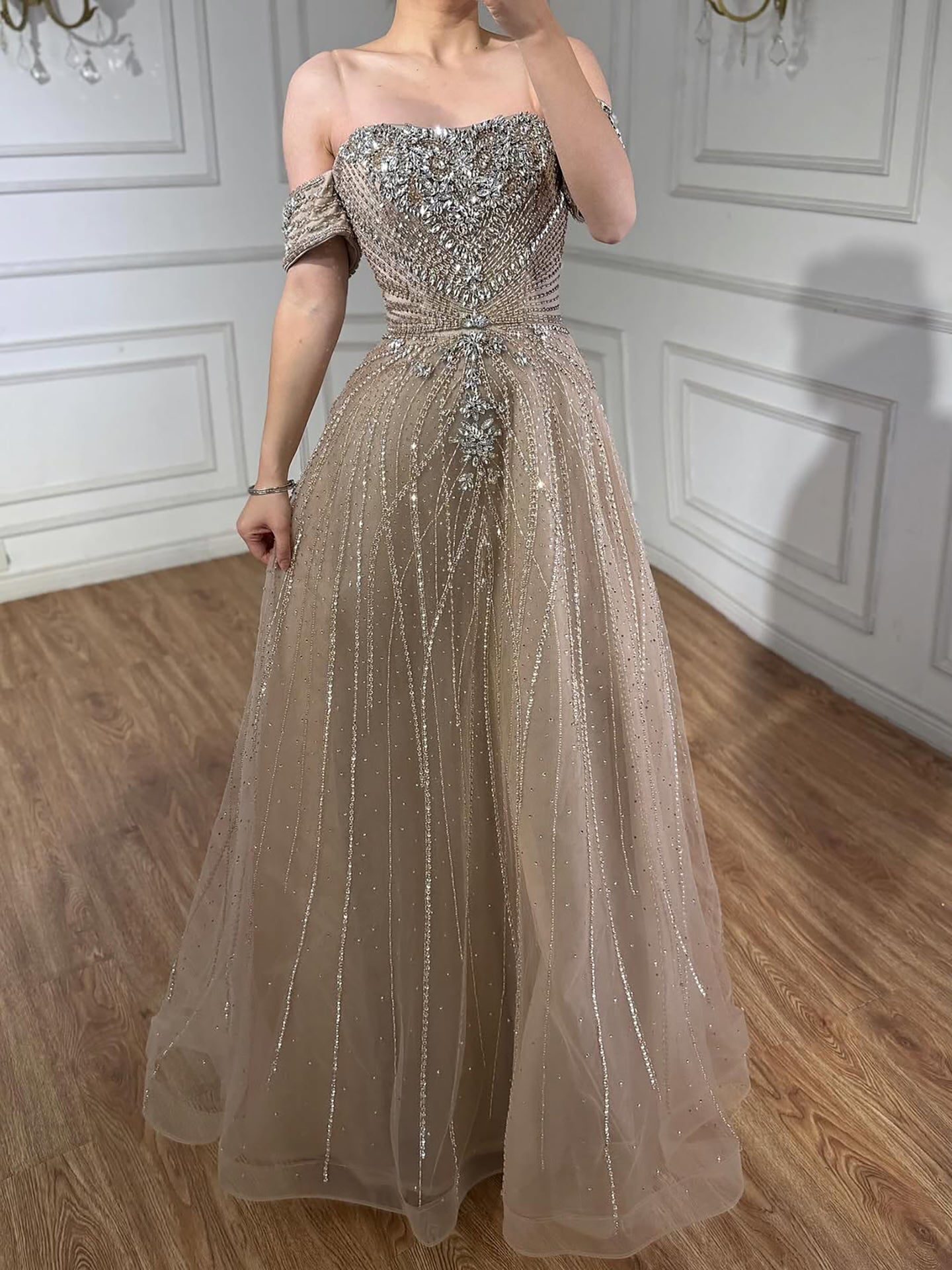 Luxury Dubai Nude Strapless Beaded A-Line Evening Dress LA73195A