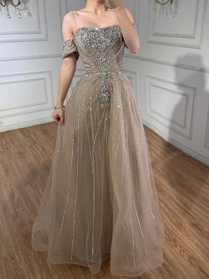 Luxury Dubai Nude Strapless Beaded A-Line Evening Dress LA73195A