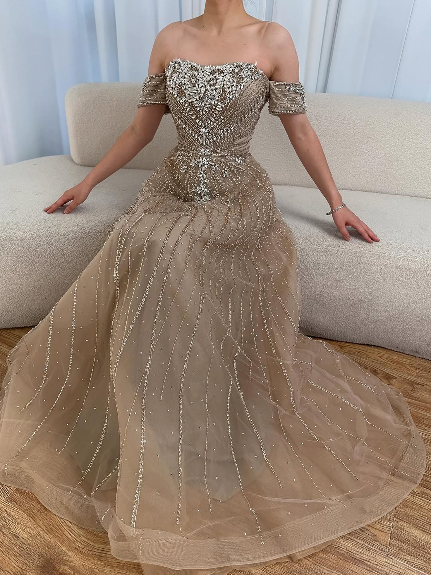 Luxury Dubai Nude Strapless Beaded A-Line Evening Dress LA73195A