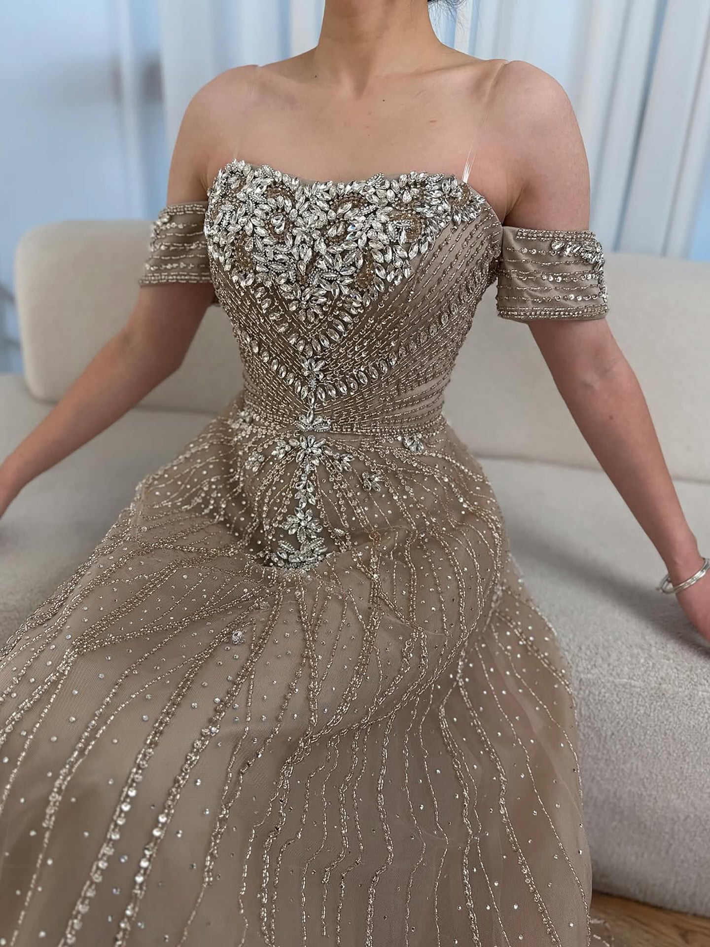 Luxury Dubai Nude Strapless Beaded A-Line Evening Dress LA73195A