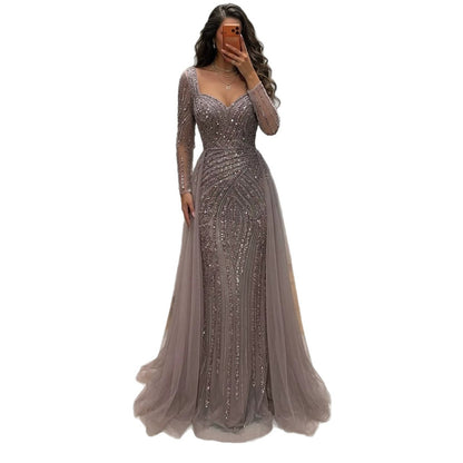 Luxury Pink Beaded Long Sleeve Mermaid Dress With Overskirt LA73198A