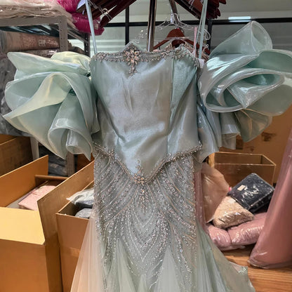 Luxury Sage Green Beaded Mermaid Evening Dress with Balloon Sleeves LA73201