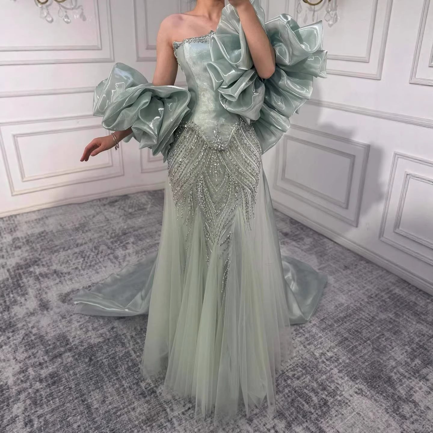 Luxury Sage Green Beaded Mermaid Evening Dress with Balloon Sleeves LA73201