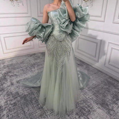 Luxury Sage Green Beaded Mermaid Evening Dress with Balloon Sleeves LA73201