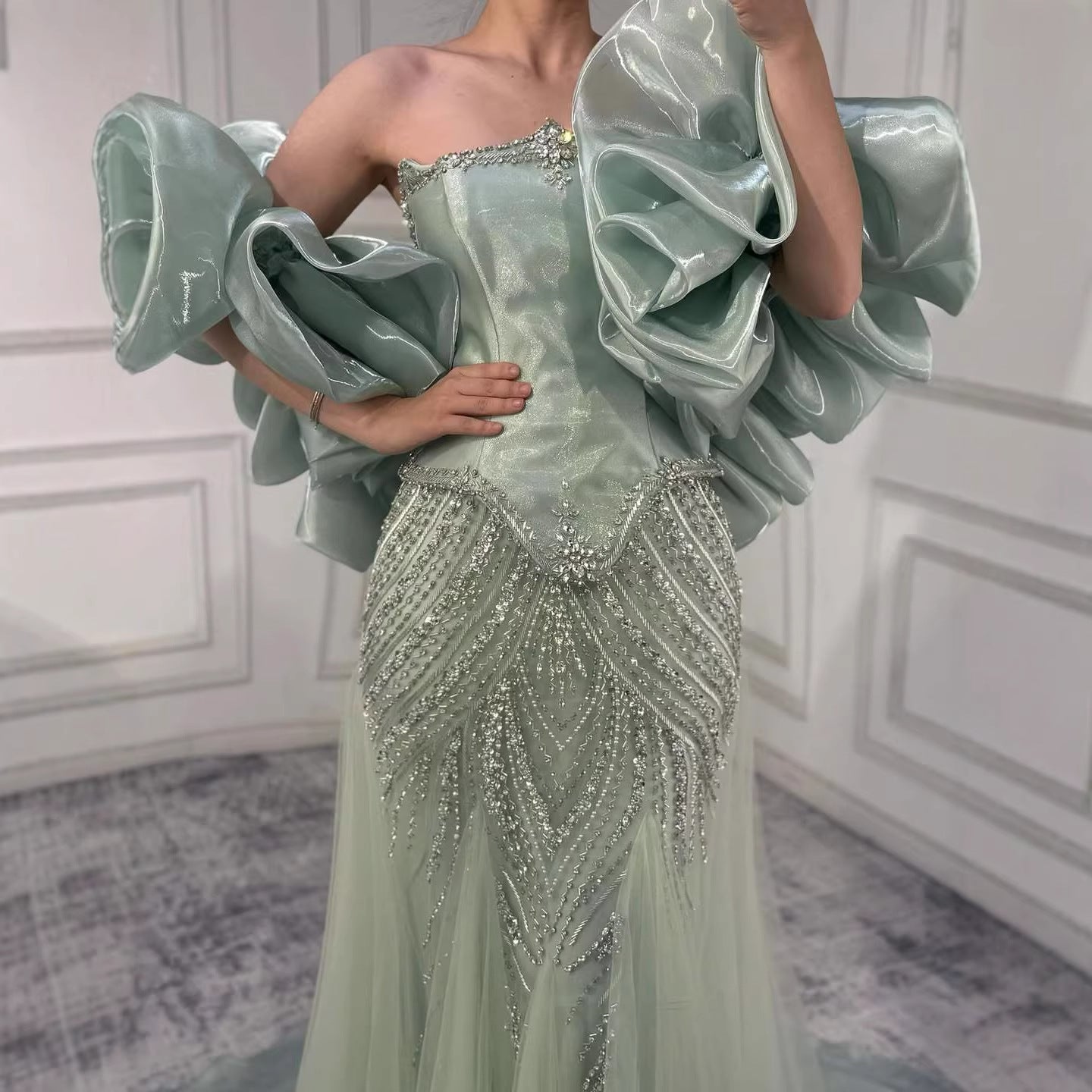 Luxury Sage Green Beaded Mermaid Evening Dress with Balloon Sleeves LA73201