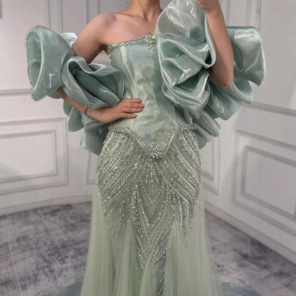 Luxury Sage Green Beaded Mermaid Evening Dress with Balloon Sleeves LA73201