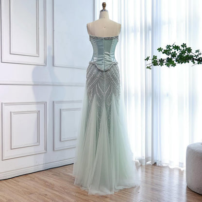 Luxury Sage Green Beaded Mermaid Evening Dress with Balloon Sleeves LA73201