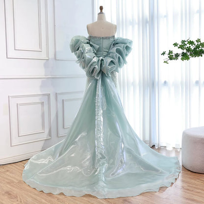 Luxury Sage Green Beaded Mermaid Evening Dress with Balloon Sleeves LA73201