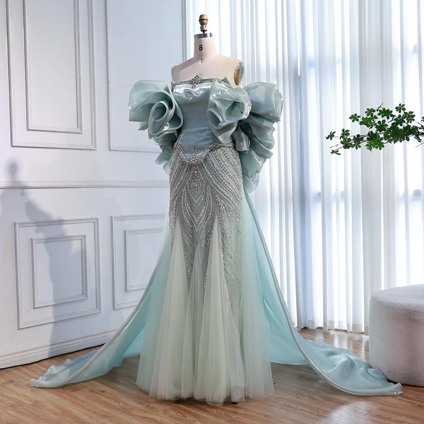 Luxury Sage Green Beaded Mermaid Evening Dress with Balloon Sleeves LA73201