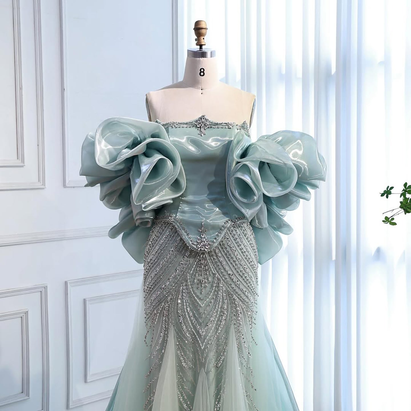 Luxury Sage Green Beaded Mermaid Evening Dress with Balloon Sleeves LA73201