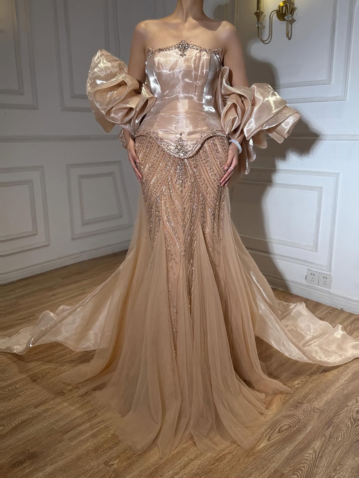 Luxury Sage Green Beaded Mermaid Evening Dress with Balloon Sleeves LA73201