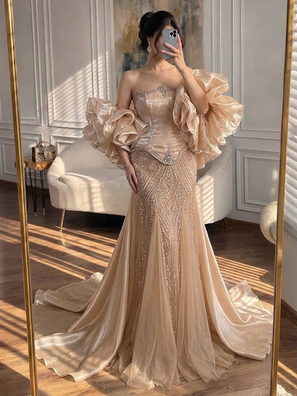 Luxury Sage Green Beaded Mermaid Evening Dress with Balloon Sleeves LA73201