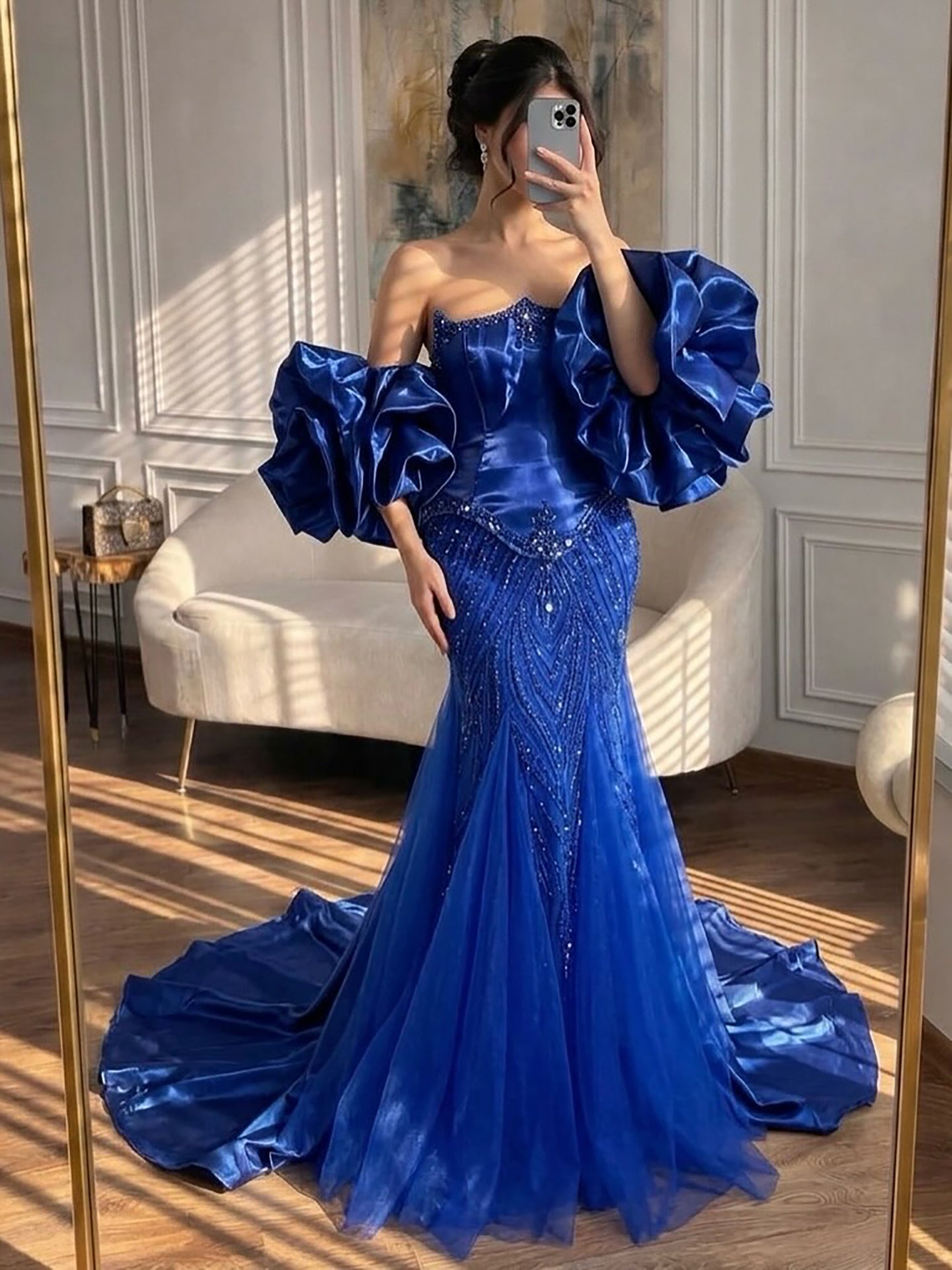 Luxury Sage Green Beaded Mermaid Evening Dress with Balloon Sleeves LA73201