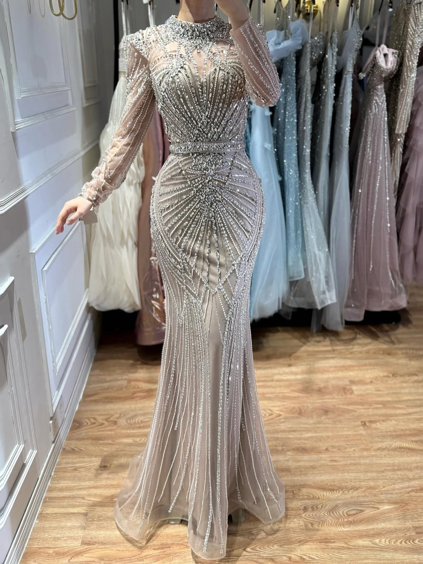 Modest Caramel High Collar Evening Dress for Wedding Guest LA73203