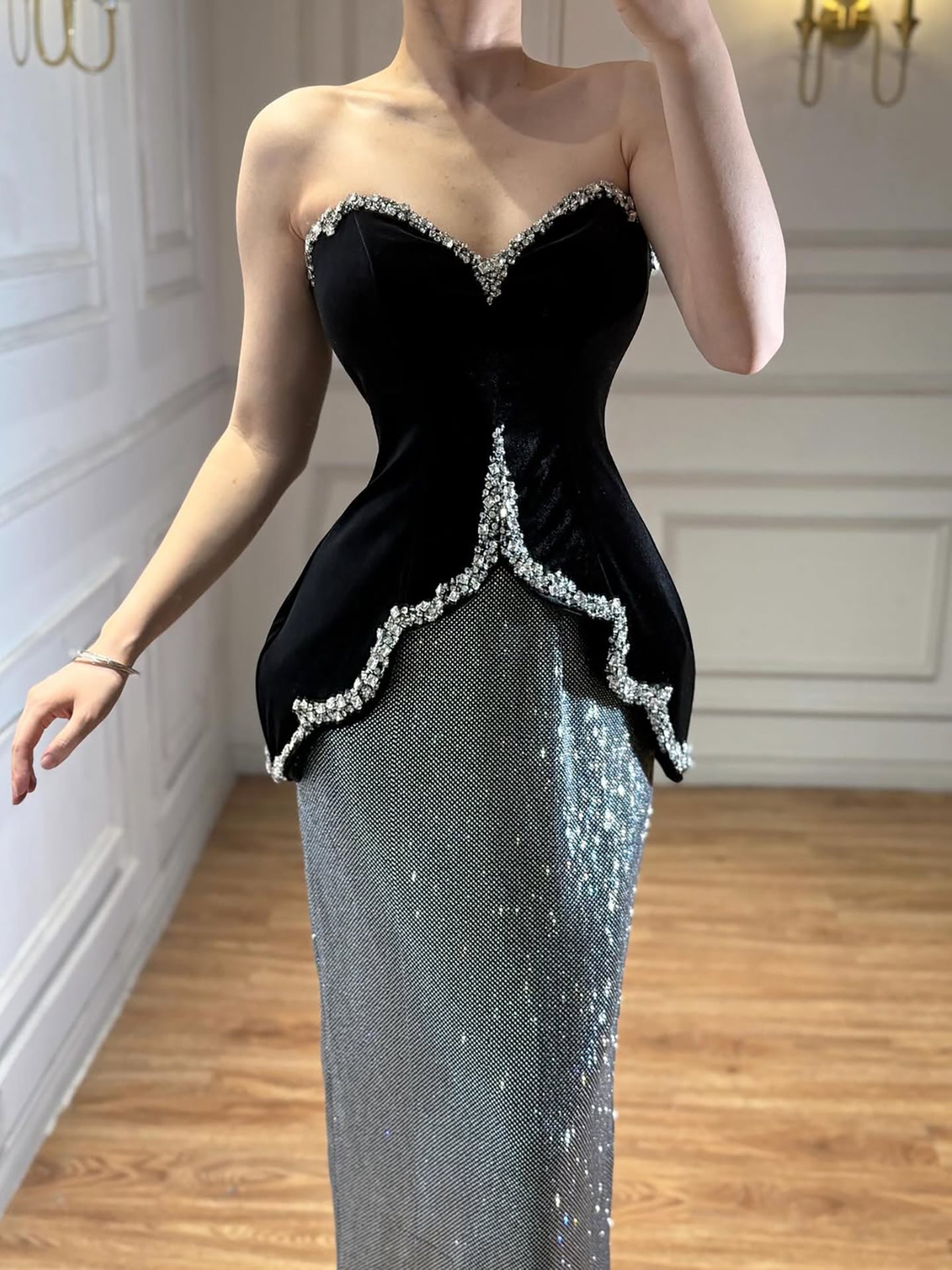 Luxury Black Strapless Beaded Mermaid Evening Dress LA73206A