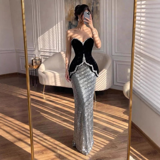 Luxury Black Strapless Beaded Mermaid Evening Dress LA73206A