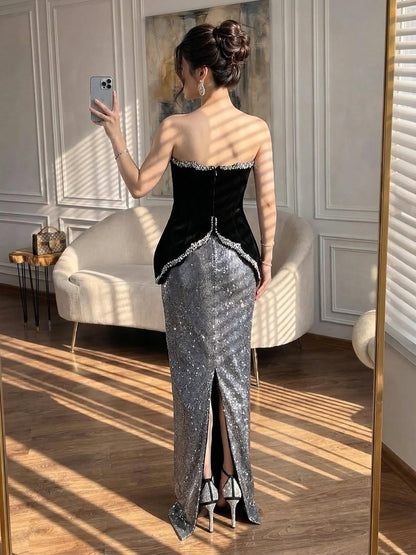 Luxury Black Strapless Beaded Mermaid Evening Dress LA73206A