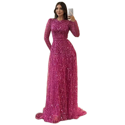 Luxury Fuchsia A-line Beaded Long Sleeve Evening Dress LA73208