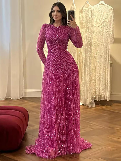 Luxury Fuchsia A-line Beaded Long Sleeve Evening Dress LA73208