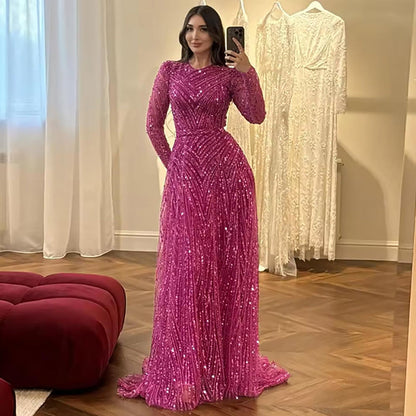 Luxury Fuchsia A-line Beaded Long Sleeve Evening Dress LA73208