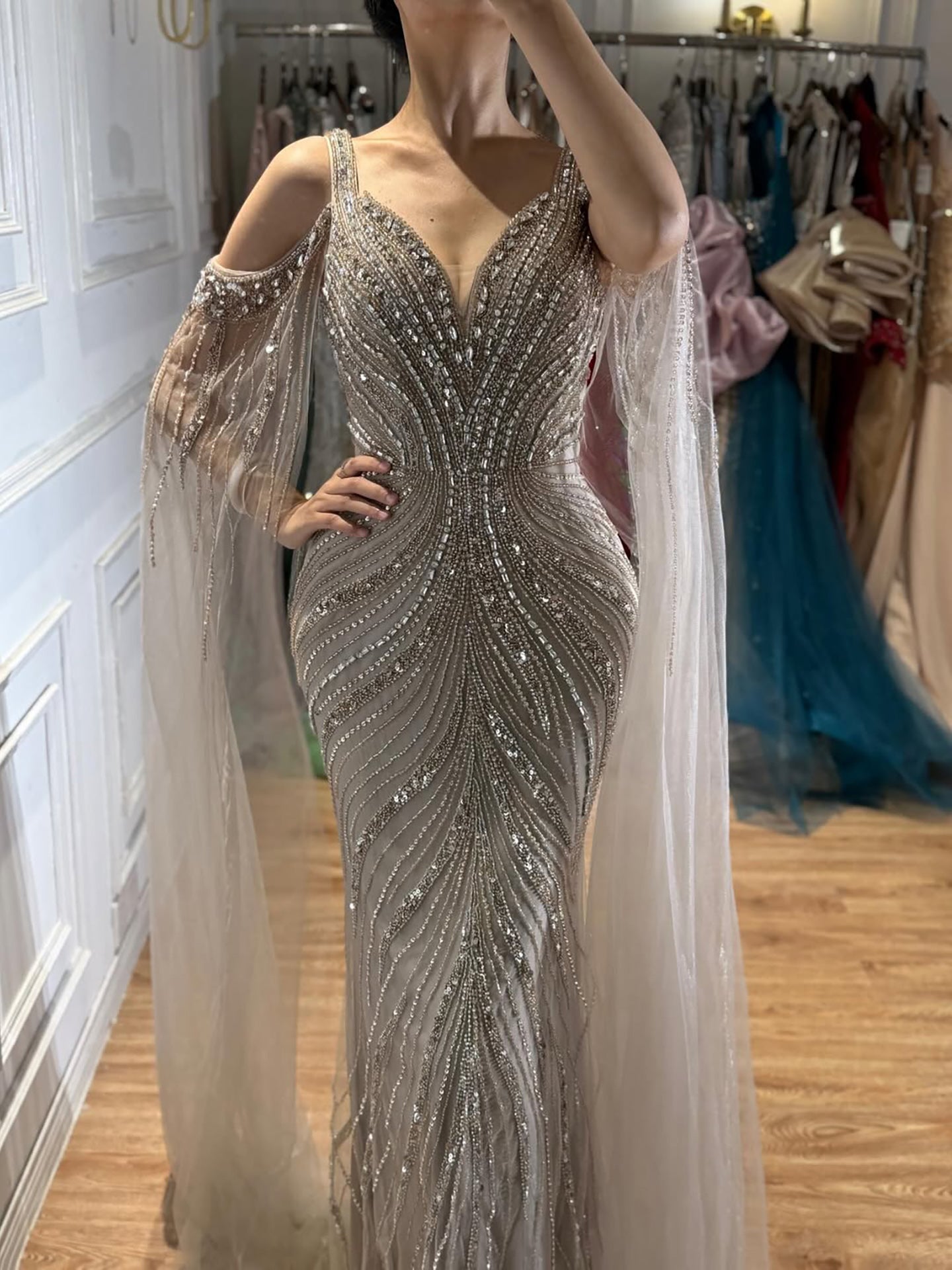 Luxury Caramel Beaded Mermaid Evening Dress With Cape Sleeves LA73210