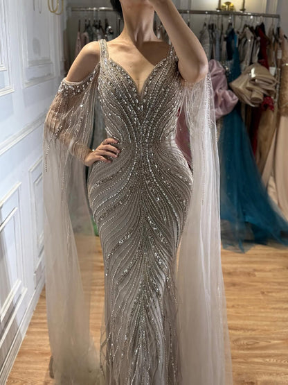 Luxury Caramel Beaded Mermaid Evening Dress With Cape Sleeves LA73210