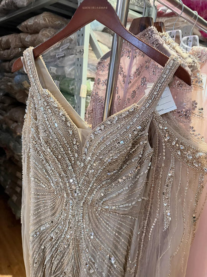 Luxury Caramel Beaded Mermaid Evening Dress With Cape Sleeves LA73210
