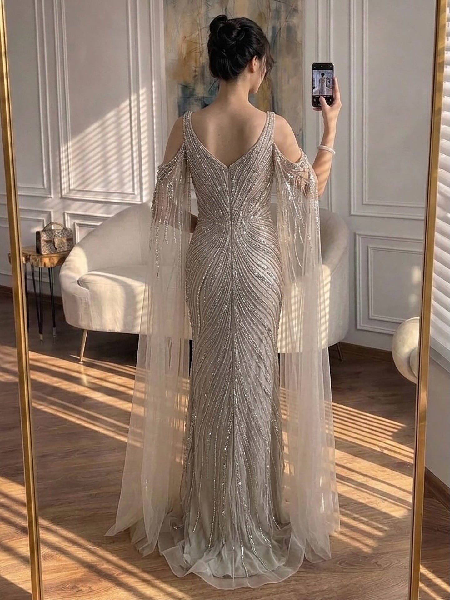 Luxury Caramel Beaded Mermaid Evening Dress With Cape Sleeves LA73210