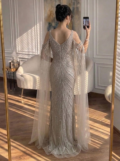 Luxury Caramel Beaded Mermaid Evening Dress With Cape Sleeves LA73210