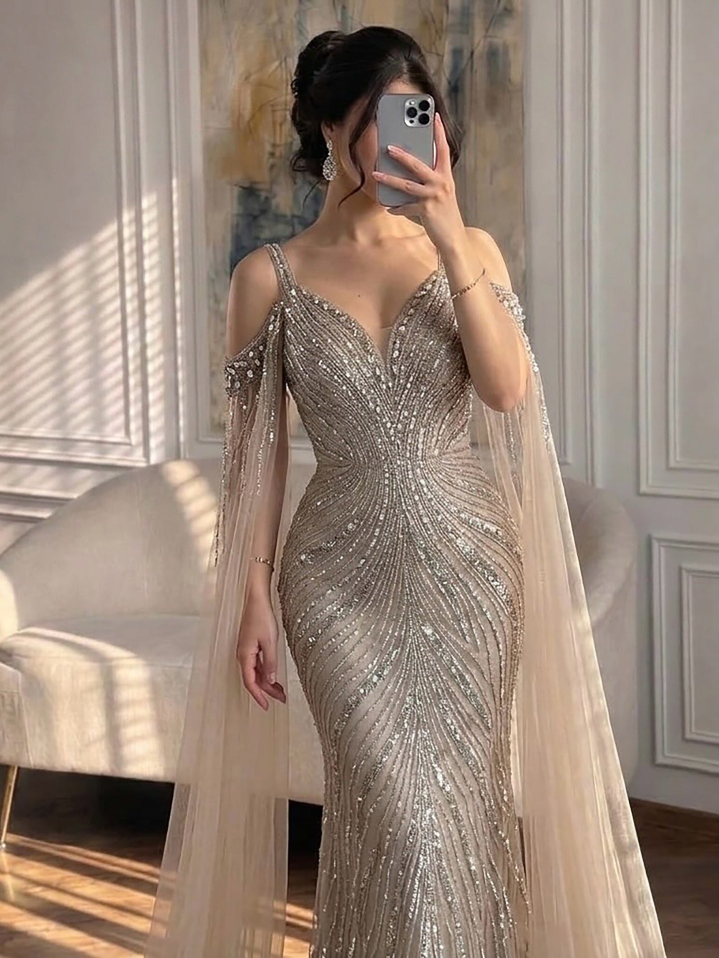 Luxury Caramel Beaded Mermaid Evening Dress With Cape Sleeves LA73210