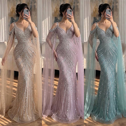 Luxury Pink Beaded Mermaid Evening Dress With Cape Sleeves LA73210A