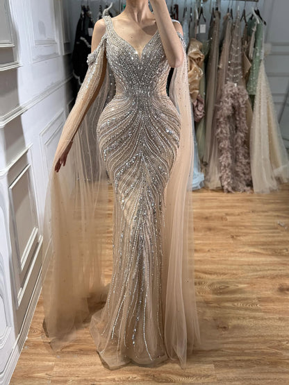 Luxury Pink Beaded Mermaid Evening Dress With Cape Sleeves LA73210A