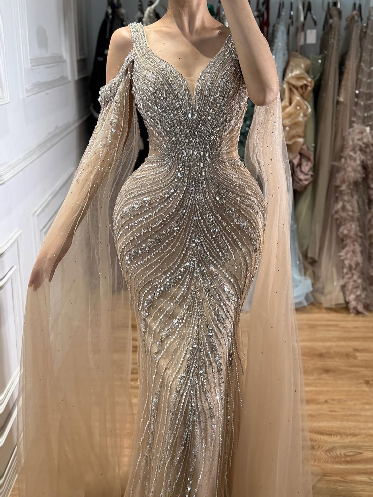 Luxury Pink Beaded Mermaid Evening Dress With Cape Sleeves LA73210A