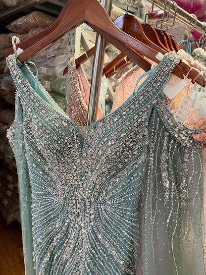 Luxury Pink Beaded Mermaid Evening Dress With Cape Sleeves LA73210A