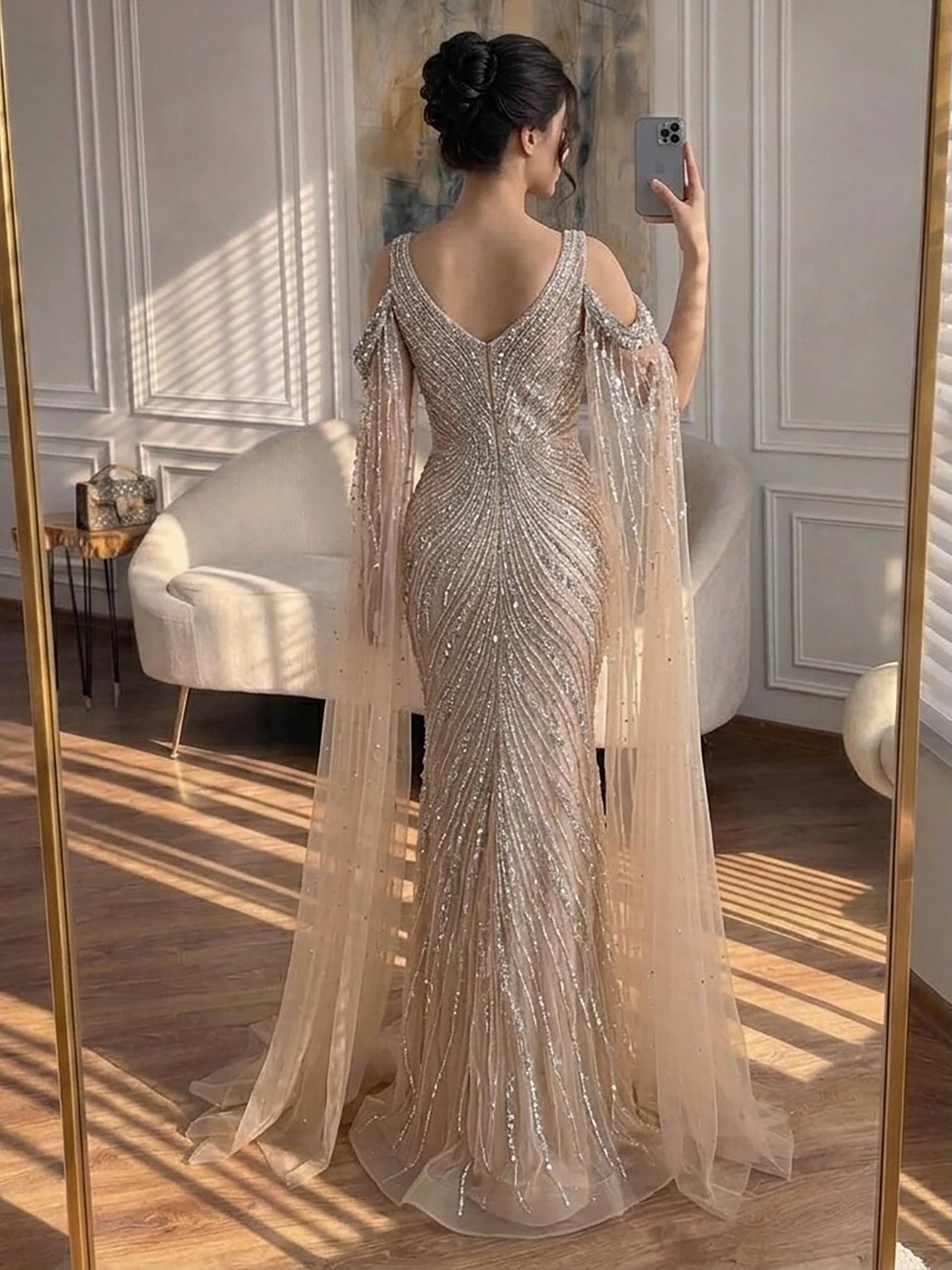 Luxury Pink Beaded Mermaid Evening Dress With Cape Sleeves LA73210A