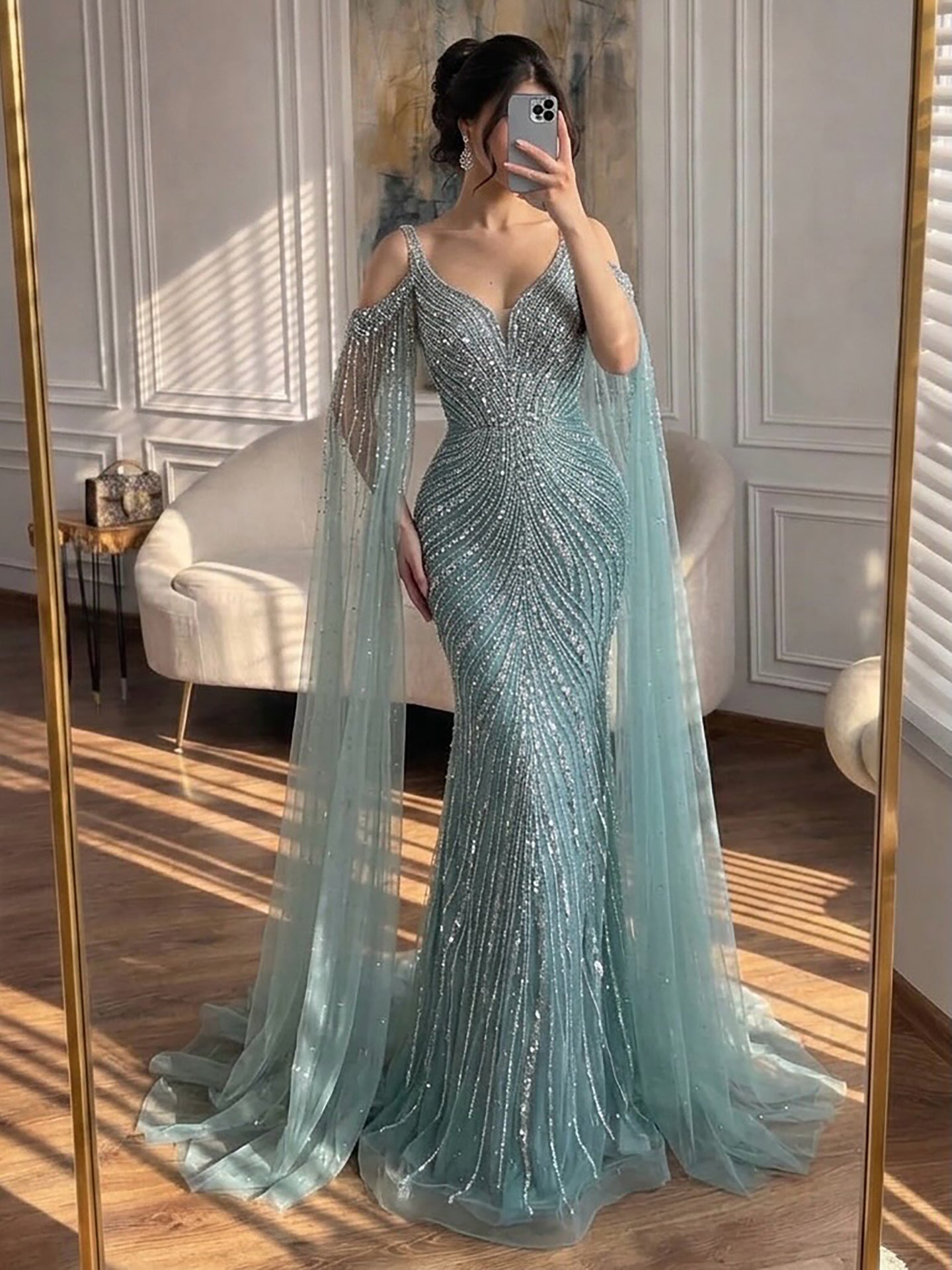 Luxury Pink Beaded Mermaid Evening Dress With Cape Sleeves LA73210A