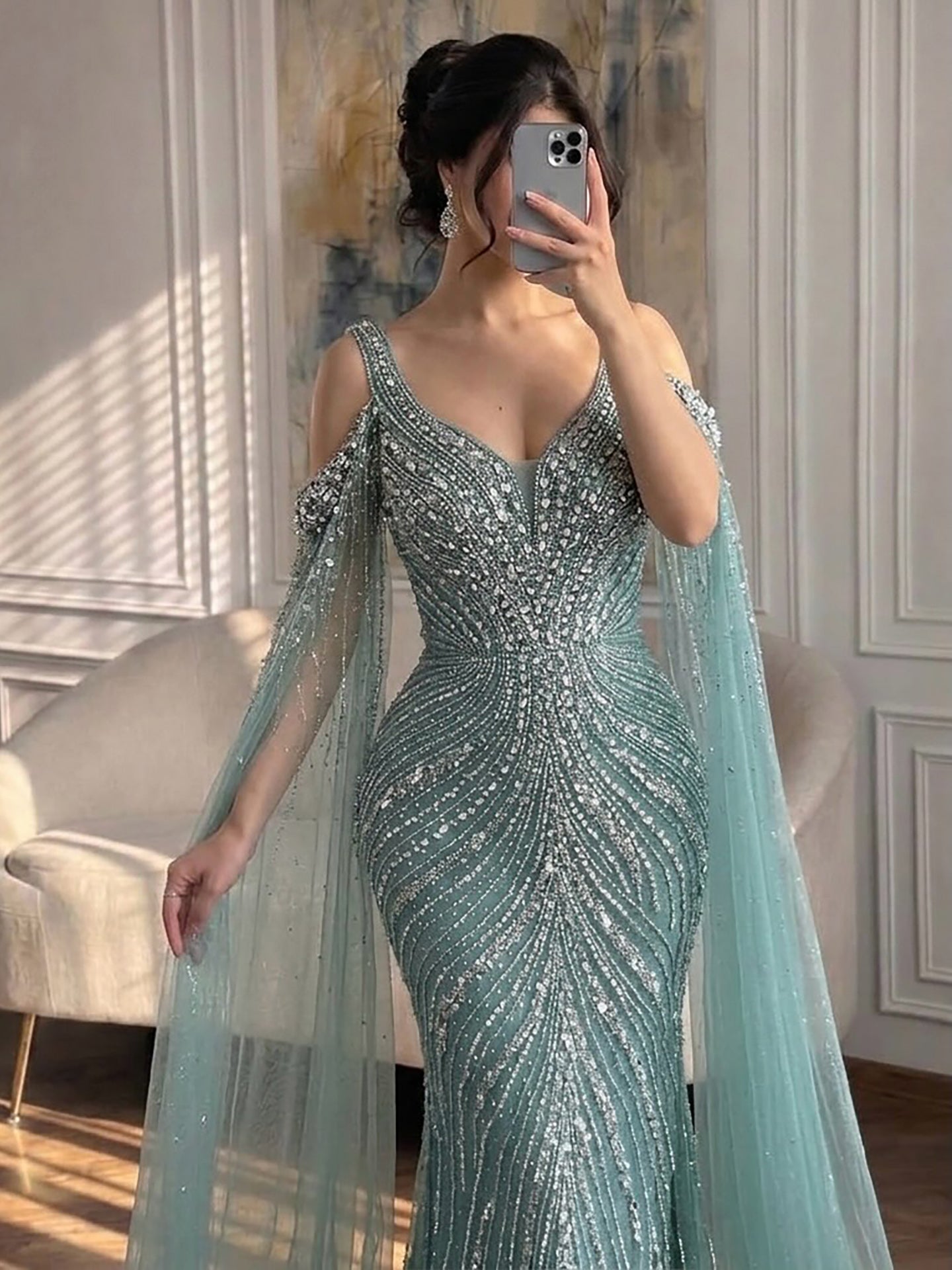 Luxury Pink Beaded Mermaid Evening Dress With Cape Sleeves LA73210A