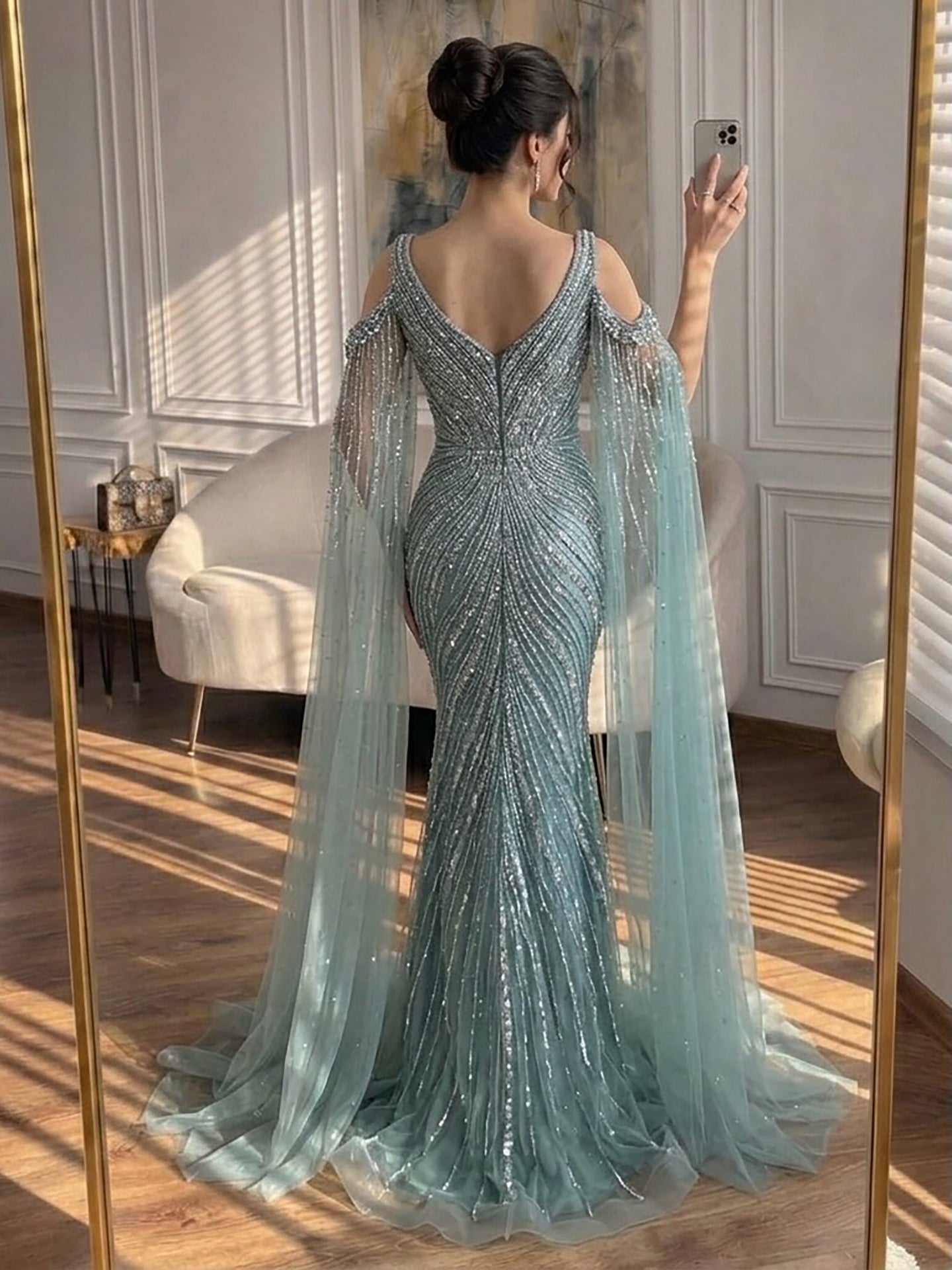 Luxury Pink Beaded Mermaid Evening Dress With Cape Sleeves LA73210A
