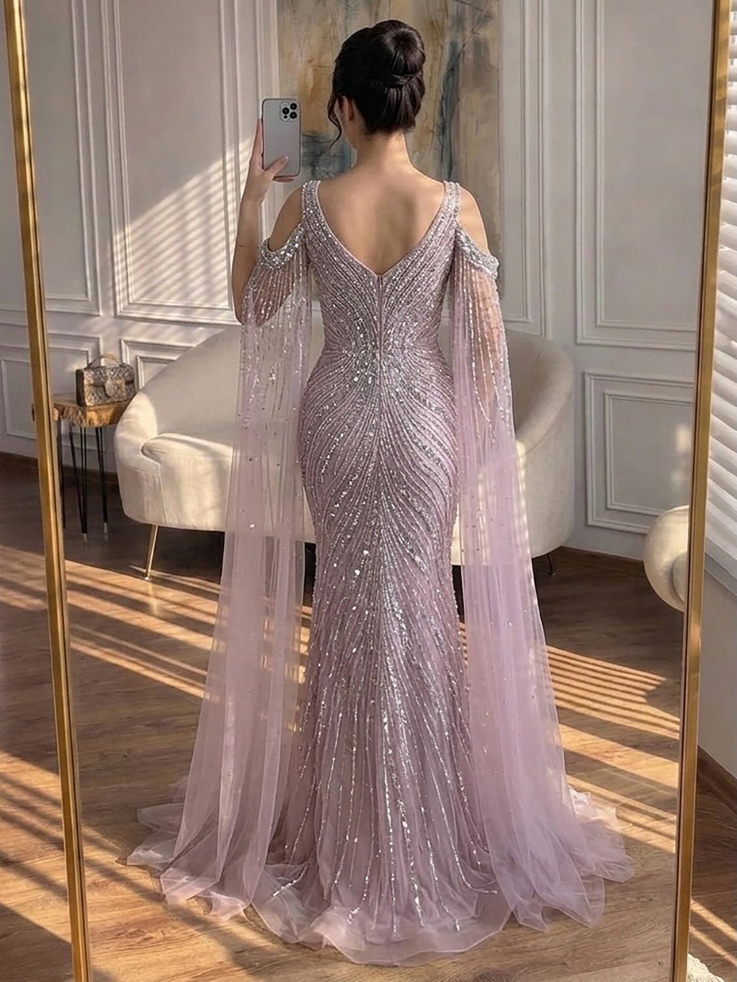 Luxury Pink Beaded Mermaid Evening Dress With Cape Sleeves LA73210A