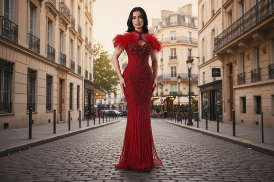red feathers evening dress